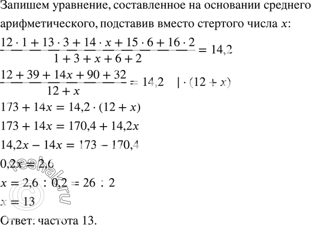 Изображение 1100. В таблице частот, характеризующей распределение членов артели по числу изготовленных изделий, одно число оказалось стёртым.Число изделий	Частота12	         ...
