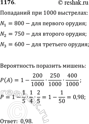 Изображение 1176. Испытания на полигоне 3 орудий показали: первое орудие поражает цель в 800 случаях из 1000, второе — в 750 случаях, а третье — в 600 случаях. Какова вероятность...