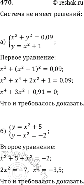 Изображение 470. Докажите, что система уравнений не имеет решений:а) {x^2+y^2=0,09, y=x^2+1};   б) {y=x^2+5,...