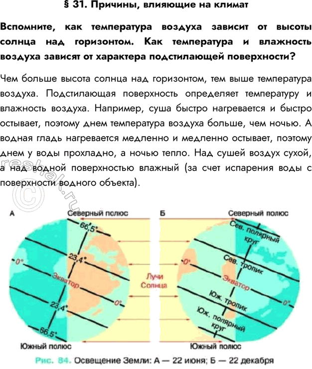 Изображение § 31. Причины, влияющие на климатВспомните, как температура воздуха зависит от высоты солнца над горизонтом. Как температура и влажность воздуха зависят от характера...