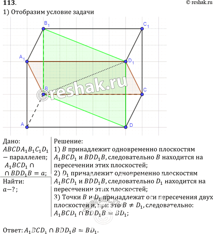Изображение 113 По какой прямой пересекаются плоскости сечений A1BCD1 и BDD1B1 параллелепипеда...
