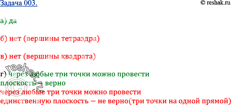 Изображение 3 Верно ли, что: а) любые три точки лежат в одной плоскости; б) любые четыре точки лежат в одной плоскости; в) любые четыре точки не лежат в одной плоскости; г) через...