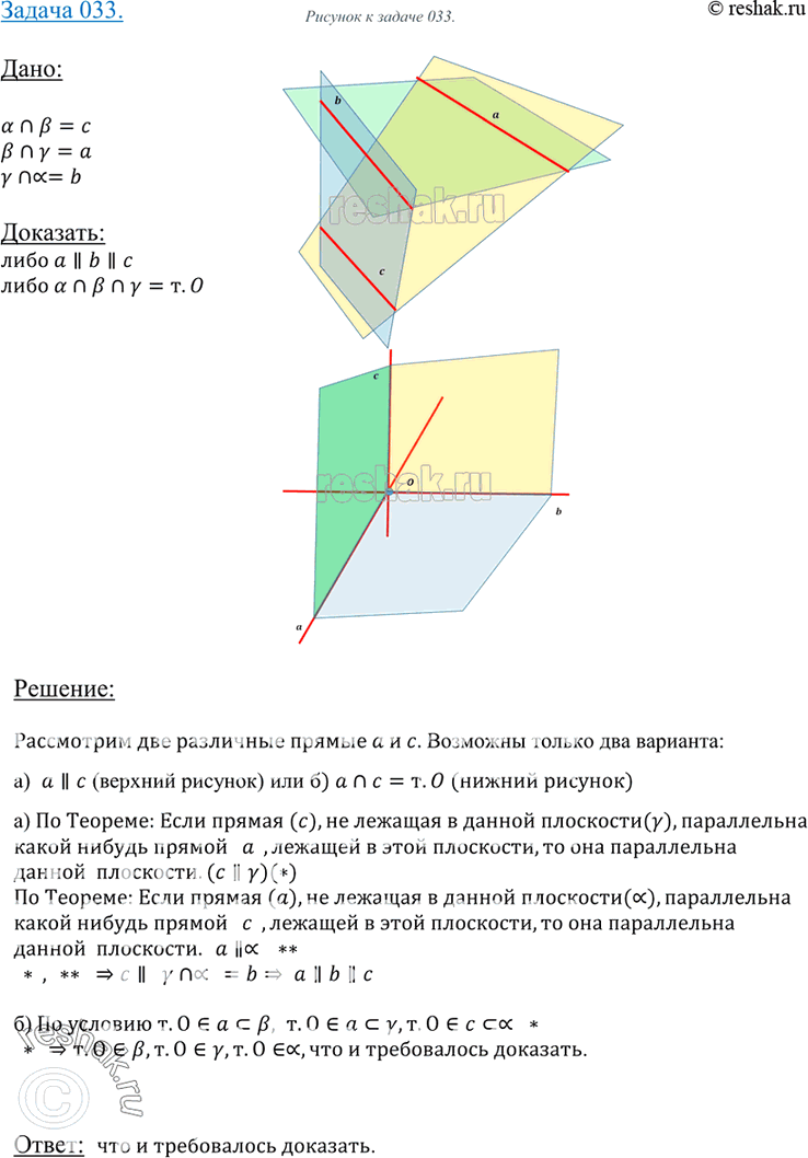 Изображение 33 Докажите, что если три плоскости, не проходящие через одну прямую, попарно пересекаются, то прямые, по которым они пересекаются, либо параллельны, либо имеют общую...