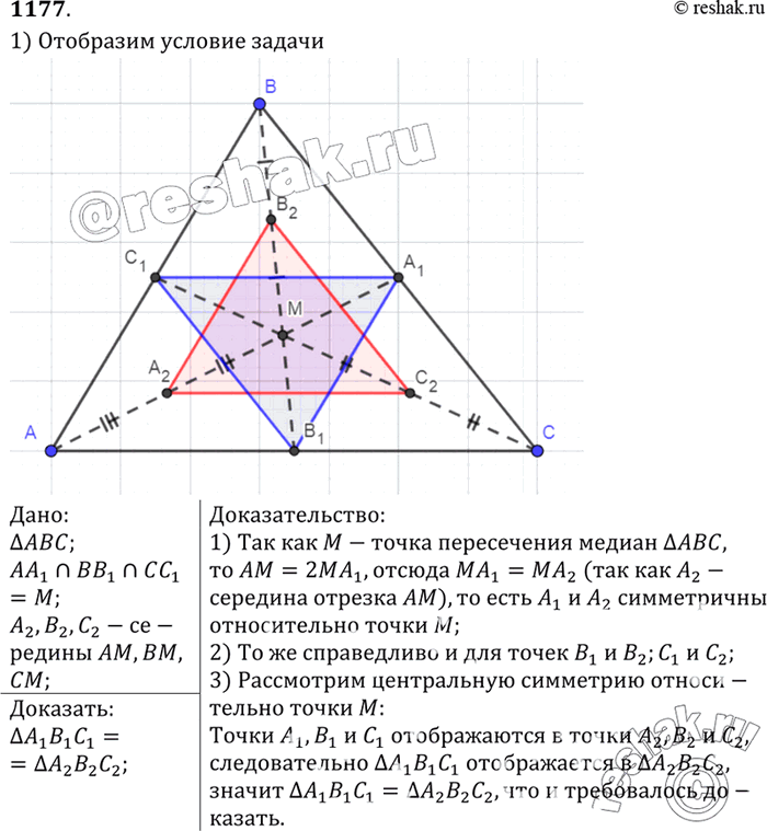 Изображение Медианы АА1, ВВ1 и СС1 треугольника ABC пересекаются в точке М. Точки А2, В2 и С2 являются соответственно серединами отрезков AM, ВМ и СМ. Докажите, что треугольник...