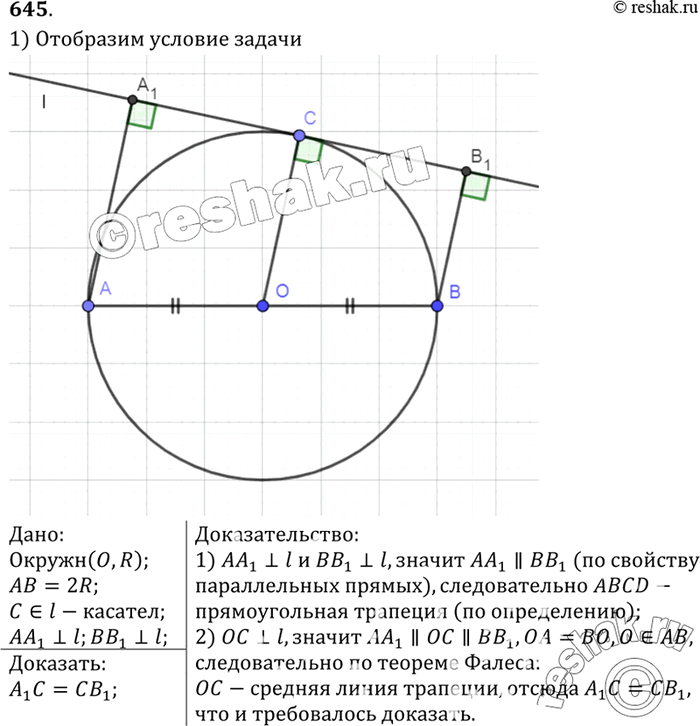 Изображение Из концов диаметра АВ данной окружности проведены перпендикуляры АА1 и ВВ1 к касательной, которая не перпендикулярна к диаметру АВ. Докажите, что точка касания является...