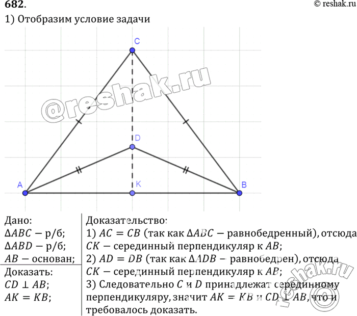 Изображение Равнобедренные треугольники ABC и ABD имеют общее основание АВ. Докажите, что прямая CD проходит через середину отрезка...