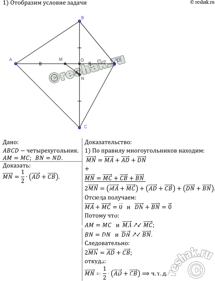 Изображение Точки М и N — середины диагоналей АС и BD четырёхугольника ABCD. Докажите, что MN = 1/2(AD +...