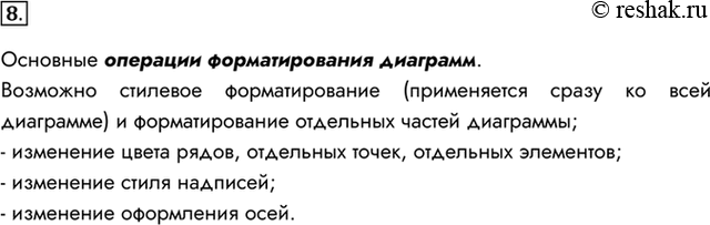 Изображение 8. Перечислите основные операции форматирования диаграмм.Основные операции форматирования диаграмм.Возможно стилевое форматирование (применяется сразу ко всей...