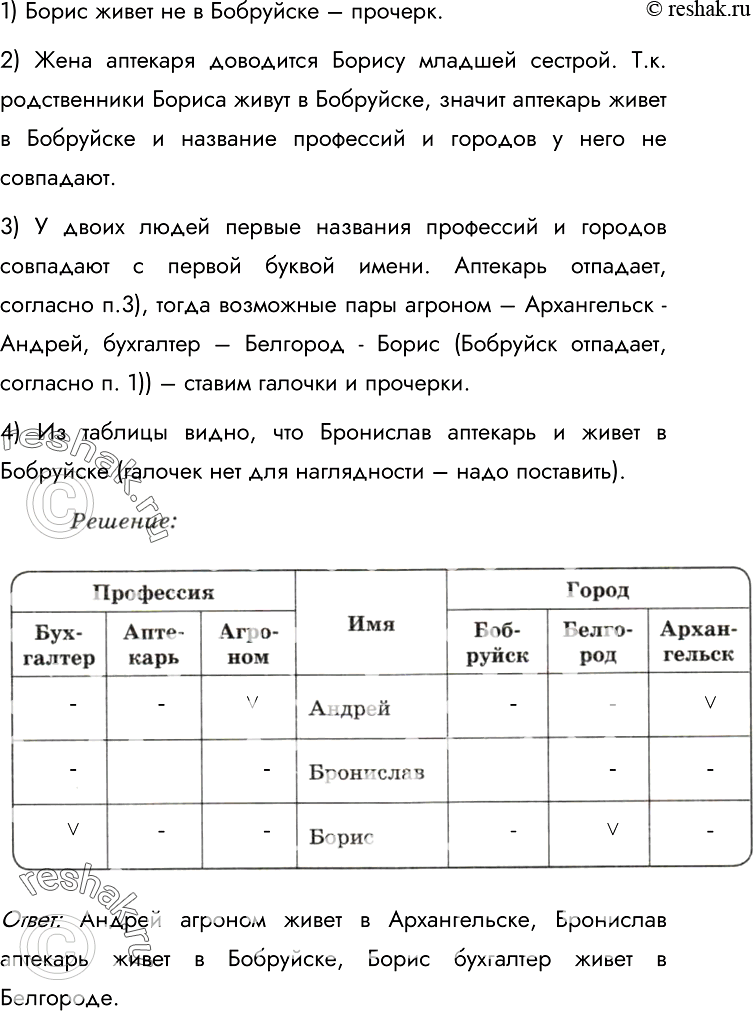 Изображение 130.	Троих молодых людей зовут Андрей, Бронислав и Борис. Один из них — аптекарь, другой — бухгалтер, третий — агроном. Один живёт в Бобруйске, другой — в Архангельске,...