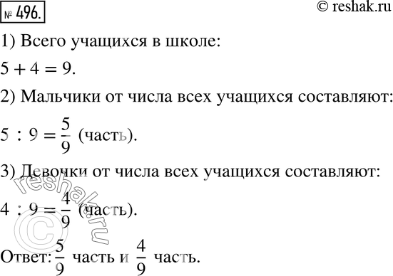 Изображение 496. Отношение числа мальчиков в школе к числу девочек равно 5:4. Определите, какую часть от числа всех учащихся школы составляют мальчики и какую —...