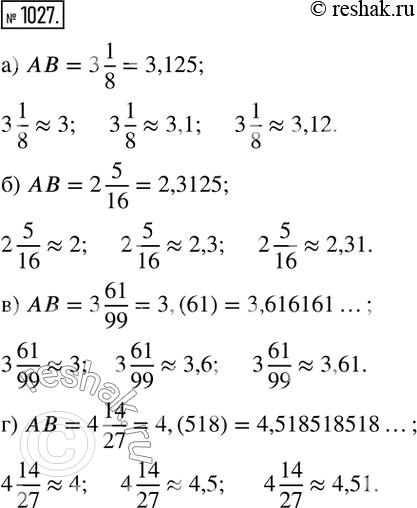 Изображение 1027. Длина отрезка AB равна:а) 3 1/8;   б) 2 5/16;   в) 3 61/99;   г) 4 14/27.Выразите длину отрезка десятичной дробью с точностью до 1; до 0,1; до 0,01 с...